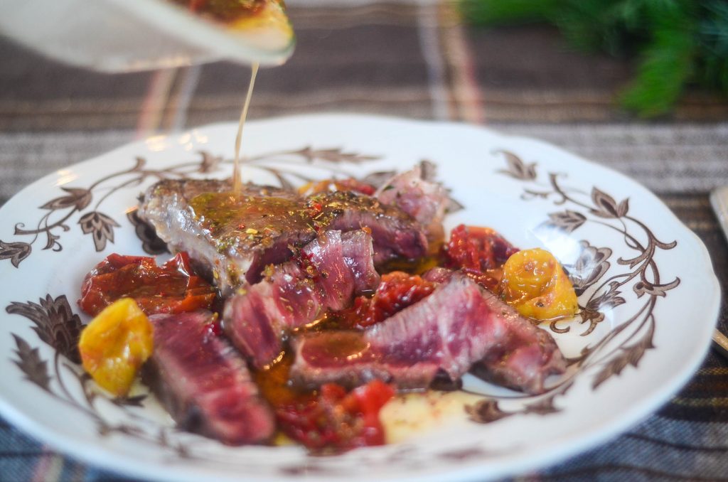 Drizzling The Steak With Vinegar and Tomato Dressing | The Elliott Homestead (.com)