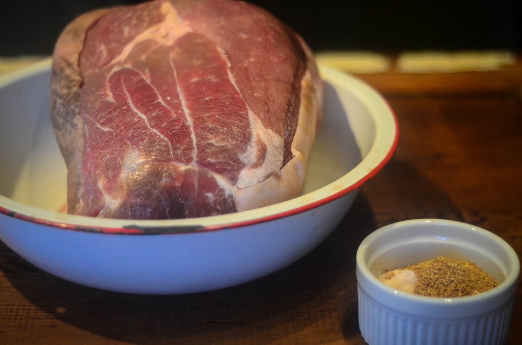 Pork roast, awaiting salt curing for ham.